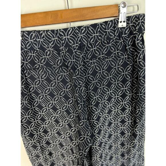 Ecru 100% Silk Navy Geometric Print Wide Leg Pants Women’s Size S Elastic Waist - Picture 3 of 7